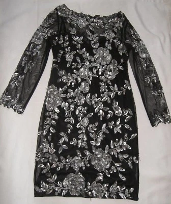 VESTIDO MUJER PATRA NEGRO CON LENTEJUELAS PLATEADAS FORRADO FORMAL TALLA 12 Foto 1 de 3