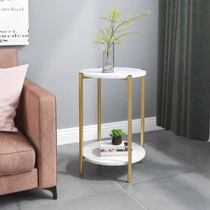 Marble Round Coffee Table Open Storage Shelf 2-Tiers End Side Table Nightstand - Picture 1 of 14