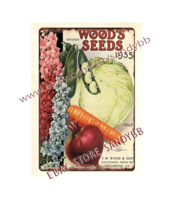 T.W. 1935 Letrero de hojalata de metal Wood Sons vegetal semillas de madera increíble arte de pared de metal Foto 1 de 4