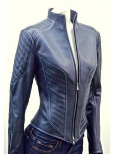 Jacket Leather Womens Size Blue Motorcycle Coat Biker Vintage Lambskin Large 9 - Picture 1 of 3