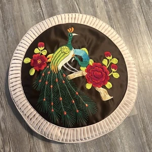 VINTAGE 1970'S EMBROIDERED PEACOCK CIRCULAR PILLOW RARE - Picture 1 of 5