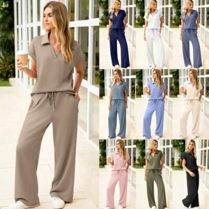 Ladies Casual Loose Tracksuit V Neck Shirt Tops Pants Set Lounge Wear Plus Size - Picture 1 of 24