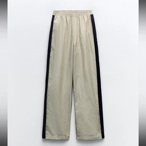 Zara wide leg neutral striped front fleece blue back warm pull on lounge large - Picture 1 of 10