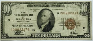 1929 US FEDERAL RESERVE OF PHILADELPHIA $10.00 NOTE! GORGEOUS RED SEAL! NR #P720 - Picture 1 of 3