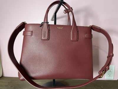 $1790 BURBERRY MD BANNER CRIMSON LEATHER CHECK CANVAS SHOULDER MEDIUM TOTE BAG - Image 1 of 4
