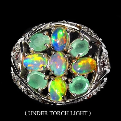 Anello in argento sterling 925 ovale opale di fuoco smeraldo zaffiro gemma... - Immagine 1 di 4
