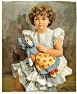 70's MARC REBIERRE Listed FRENCH GOLD MEDAL PORTRAIT YOUNG GIRL w/ DOLL ORIG O/C - Picture 1 of 10