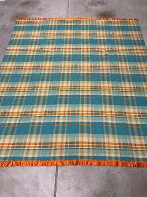 Vintage Retro Pure Wool Warm Orange Turquoise Blue King Bed Blanket 225 X 247cm - Image 1 of 4