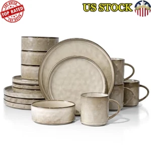 16Piece Stoneware Dinnerware Set Plates Bowls Mugs Microwave Dishwasher Safe New - Picture 1 of 5