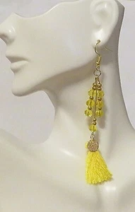 Yellow Crystal & Gold Sticks 3" Earrings Yellow Tassel Accent Drop Gold Hook  - Picture 1 of 2