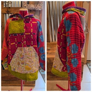Handmade Kantha Quilt Hoodie S-M OOAK Bright Don't Throw It Out - Picture 1 of 4