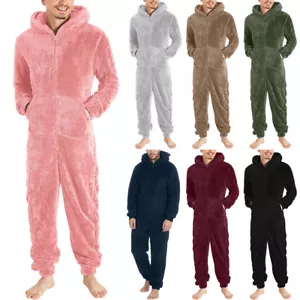 Men's Teddy Bear Fluffy Fleece Hooded Jumpsuit 1Onesie Playsuit Pajamas Romper - Picture 1 of 23