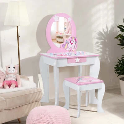 Juego de mesa y silla tocador para niños NNECW con espejo y taburete para niñas pequeñas Foto 1 de 4