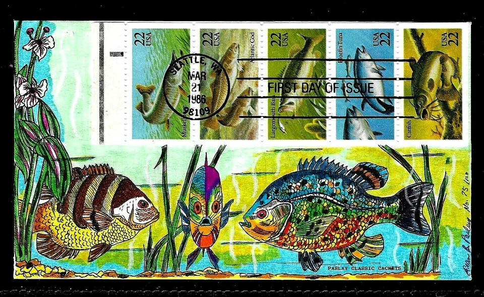 2209A 22c Stamps (Se-Tenant) (1986) SEA & OCEAN LIFE FDC HD/HP BY FRAN B. PASLAY - Image 1 of 1