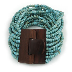 Dusty Light Blue Glass Bead Multistrand Flex Bracelet With Wooden Closure -