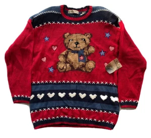 Vintage Marsh Landing Knit Sweater Bear Stars Padded Shoulders Size Large - Picture 1 of 8
