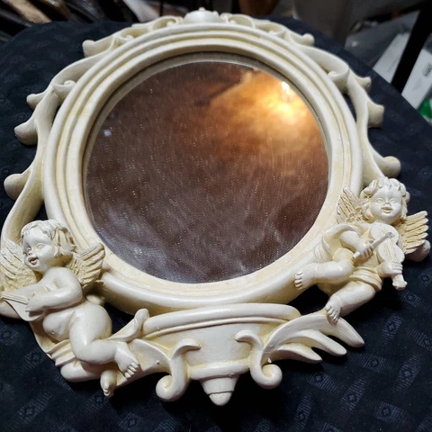 Vtg Ornate Cherub Sculpture Wall Mirror White Angel Oval MCM Home Decoration Cover