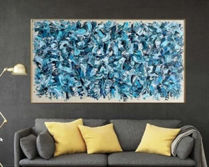 Original Abstract Blue Painting On Canvas Acrylic Impasto Style 23"x46" - Picture 1 of 8