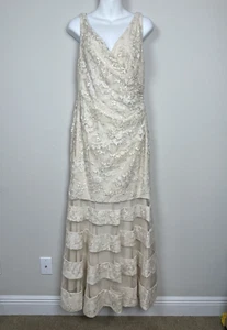 Lauren Ralph Lauren Dress 8 Beige Gold Lace Metallic Formal Fairycore Ethereal - Picture 1 of 9