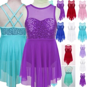 UK Girls Lyrical Ballet Dance Leotard Dress Sequined Skating Dancewear Costumes - Picture 1 of 81