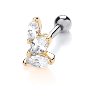 Sterling Silver & 9ct Gold Helix Cartilage Stud Earring Ball Marquise CZ - Picture 1 of 6