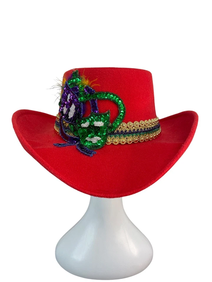J.R. Palacios Red Felt Cowboy Hat With Sequin Mardi Gras Mask & Gold Trim - Image 1 of 4