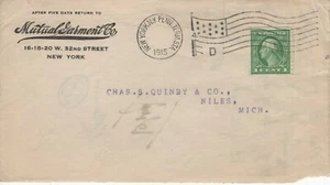 MUTUAL GARMENT CO, TO NILES, MICHIGAN, NEW YORK, NY 1915  FDC12876 - Picture 1 of 1