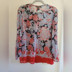 Tommy Bahama Blue Red Floral Silk Sheer Artsy Button Popover Tunic Top Small - Picture 1 of 7