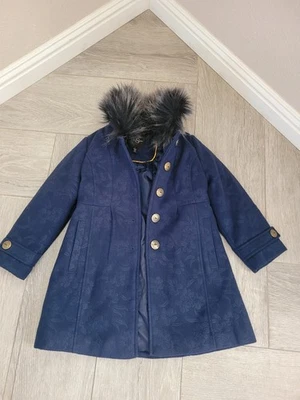 Abrigo Jessica Simpson talla 6 niñas azul marino con cuello de piel sintética Foto 1 de 4