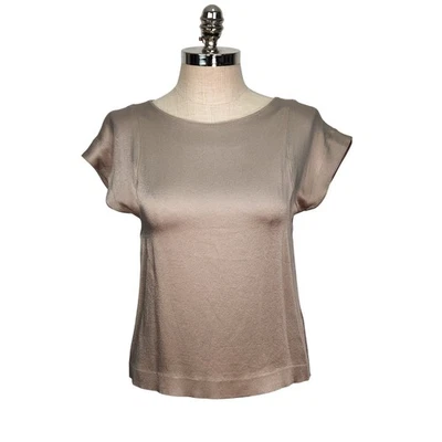 Theory Women's Taupe Satin Cap Sleeve Boat Neck Top Size S Quiet Luxury - Image 1 of 4