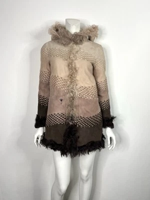 Винтажный Christian Dior коричневый бежевый замши стриженный мех капюшон пальто FR34 US2 - Изображение 1 из 4