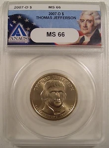 2007-D $1 THOMAS JEFFERSON ANACS MS 66 - Picture 1 of 2