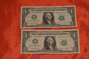 2021 Two $1 bills Trinary Devil 666 Five of a Kind Sixes B86166636B B86166646B - Picture 1 of 2