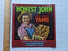 1940s Honest John Yams crate label. Leo Bockman, Pittsburgh Texas. 9 1/4 x 9 1/4