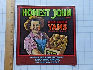 Etiqueta de caja Honest John Yams años 40. Leo Bockman, Pittsburgh Texas. 9 1/4 x 9 1/4 - Imagen 1 de 1