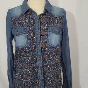 MUDD VTG Y2K 90s Cotton Denim LS Button Up Shirt L Western Retro Floral Cowgirl - Picture 1 of 4