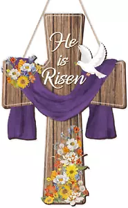 Easter Decorations Hanging Door Sign Wreath Religious Cross He Is Risen Flowers  - Picture 1 of 12