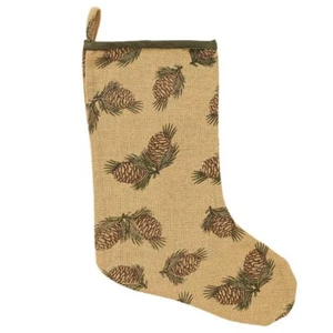 Christmas Stocking Burlap Pinecone Print Cabin Lodge Holiday Decor - Picture 1 of 1