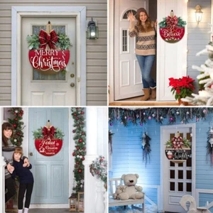 30CM Merry Christmas Welcome Sign Front Door Hanging Wreath Porch Plaque Gift US - Picture 1 of 21