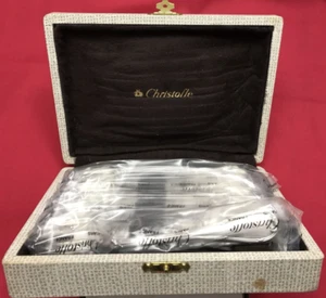 NOS 12-Pc Set Christofle RUBANS Pattern Silverplated PASTRY FORKS Original Box - Picture 1 of 12