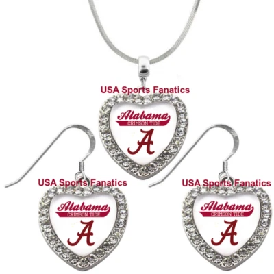 Alabama Crimson Tide 925 Collar o Pendientes o Conjunto Equipo Corazón con Estrás Foto 1 de 4
