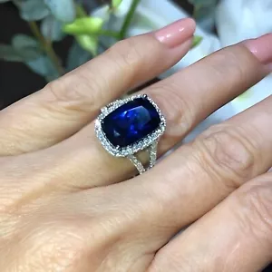 6.80 Ct Cushion Cut Natural Blue Sapphire Diamond Engagement Ring 14K White Gold - Picture 1 of 8
