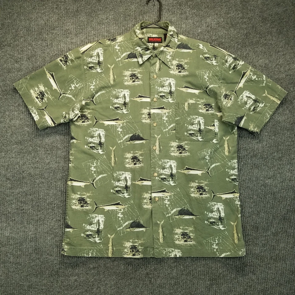 Camisa Wolverine Hombres Grande L Verde Estampado de Peces Bolsillo con Botones Estampado Marlín Foto 1 de 4