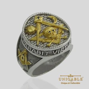 Masonic Memento Mori Skull Bones Ring Sterling Silver Gold Pl Freemason UNIQABLE - Picture 1 of 12