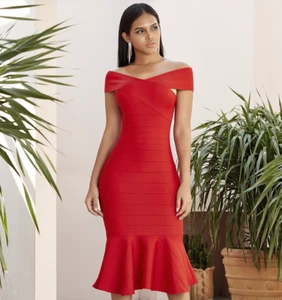 NEW! DESIGNER COUTURE ELEGANT OFF SHOULDER BARDOT BODYCON RUFFLE DRESS SEXY RED - Picture 1 of 6