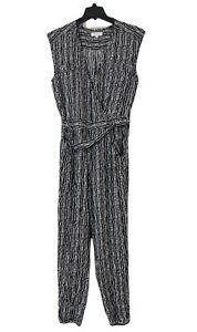 Vince Camuto Womens Large Black White Printed V Neck Sleeveless Belted Jumpsuit
