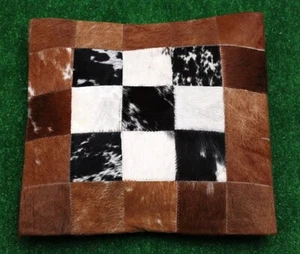 100% NEW COWHIDE LEATHER CUSHION COVER RUG COW HIDE HAIR ON CUSHION Brown BLACK - Picture 1 of 3