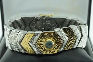 KONSTANTINO Sterling Silver and 22K Yellow Gold Heavy Link Bracelet w/ Jadite 7" - Picture 1 of 8