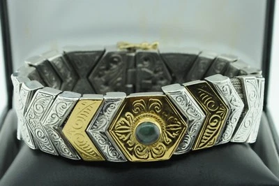 Brazalete de eslabones pesados de plata de ley y oro amarillo de 22 quilates KONSTANTINO con jadita 7" Foto 1 de 4