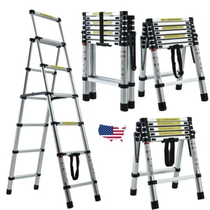 4+5 Aluminum Telescopic Extension Folding Step Multi-Use Non-Slip Ladder 5+6/6+7 - Picture 1 of 18